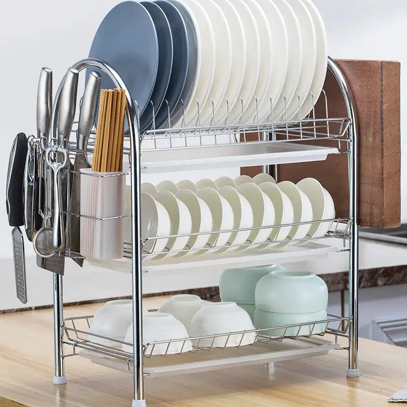 Stainless steel curved kitchen drying rack and dish organizer shelf