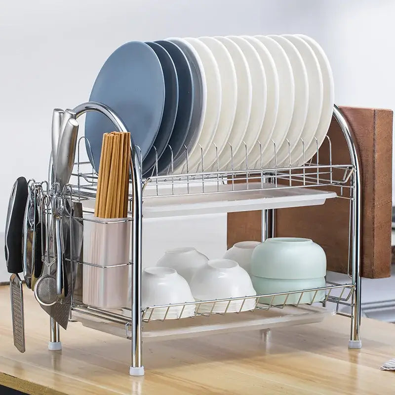 Stainless steel curved kitchen drying rack and dish organizer shelf