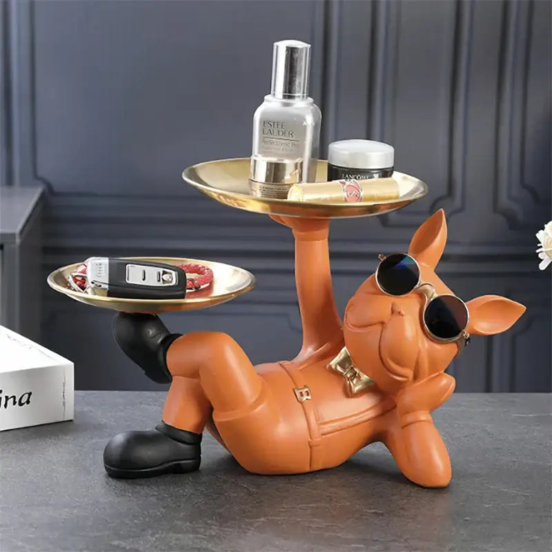 Stylish black & gold bulldog figurine sculpture living room decor tray