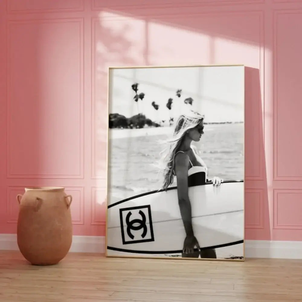 Modern black & white chanel surfboard wall art bedroom prints