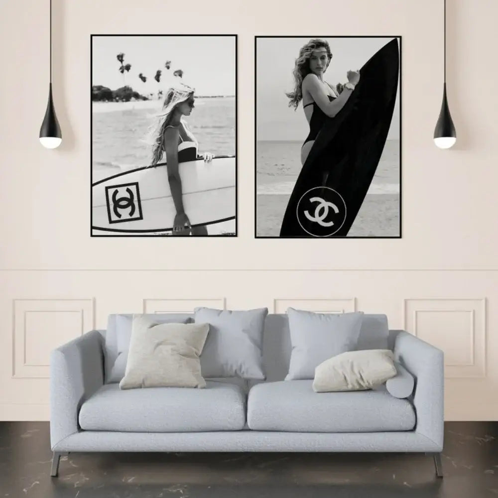 Modern black & white chanel surfboard wall art bedroom prints