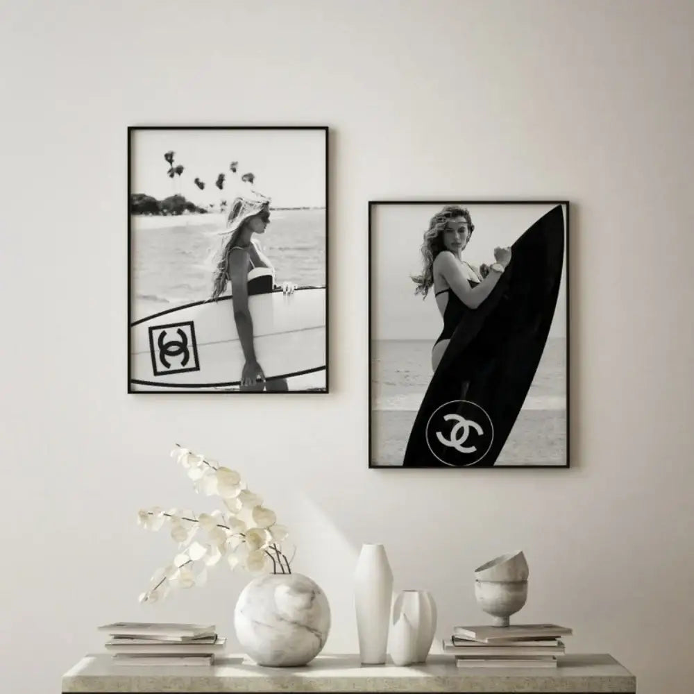 Modern black & white chanel surfboard wall art bedroom prints