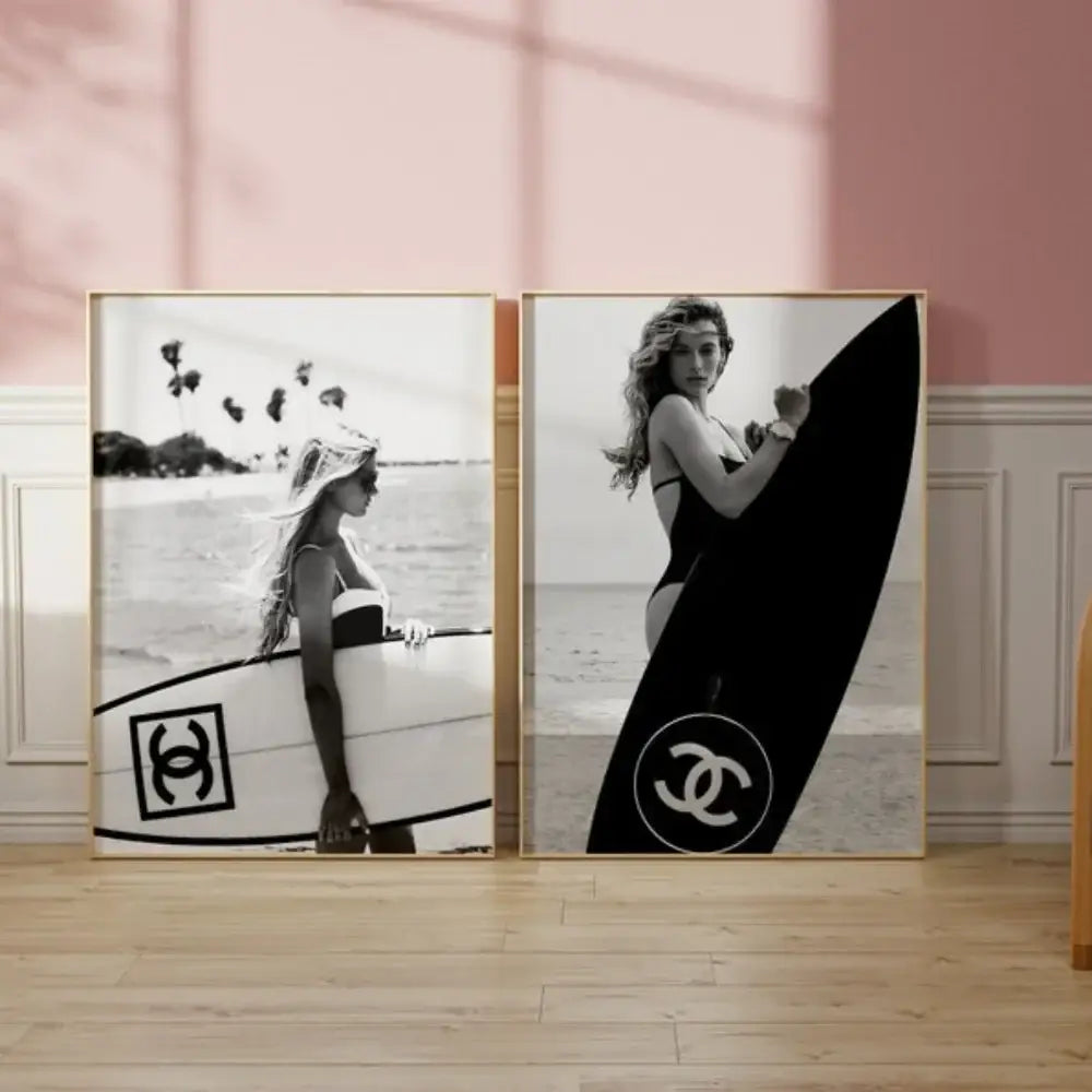 Modern black & white chanel surfboard wall art bedroom prints