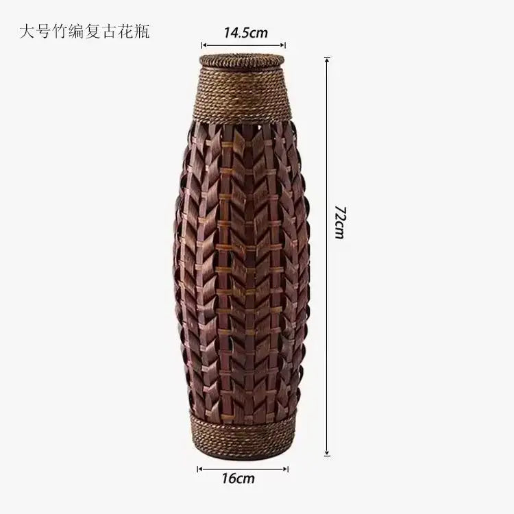 Tall dark brown bamboo woven vase living room herringbone decor