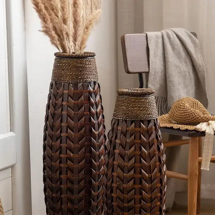 Tall dark brown bamboo woven vase living room herringbone decor