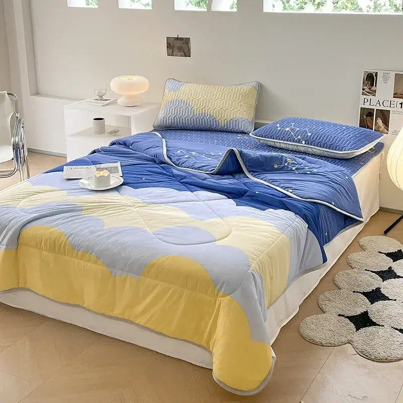 Teal & cream zigzag cool summer blanket set bedroom quilt