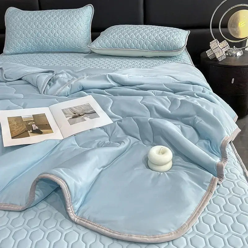 Teal & cream zigzag cool summer blanket set bedroom quilt