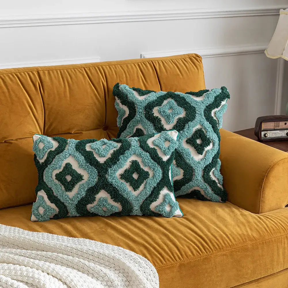 Teal & dark green boho tufted pillow covers living room decor