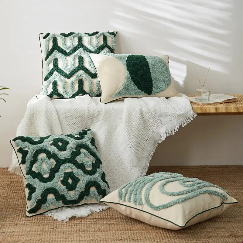 Teal & dark green geometric embroidery tassel cushion case living room