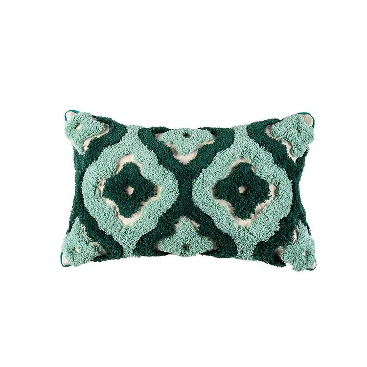 Teal & dark green geometric embroidery tassel cushion case living room