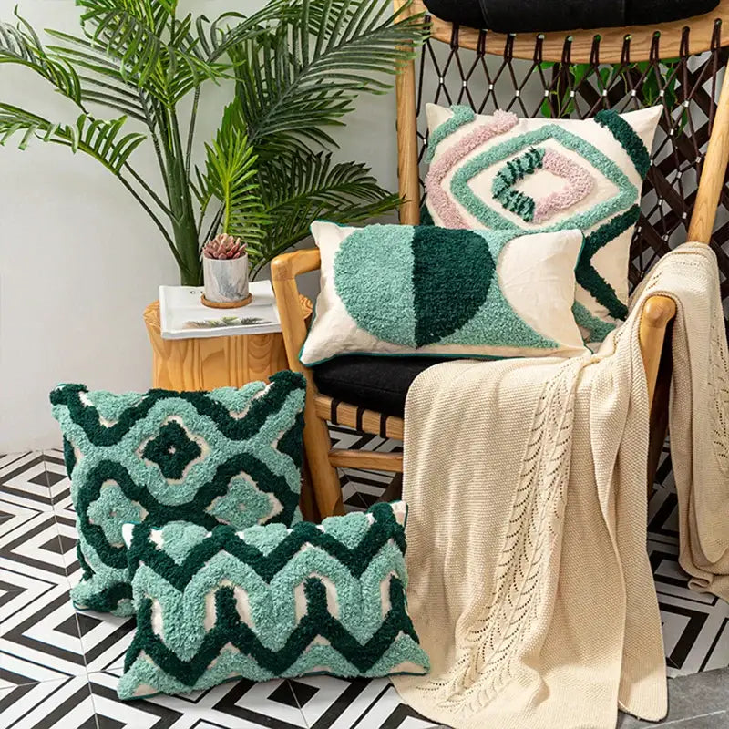 Teal & dark green geometric embroidery tassel cushion case living room