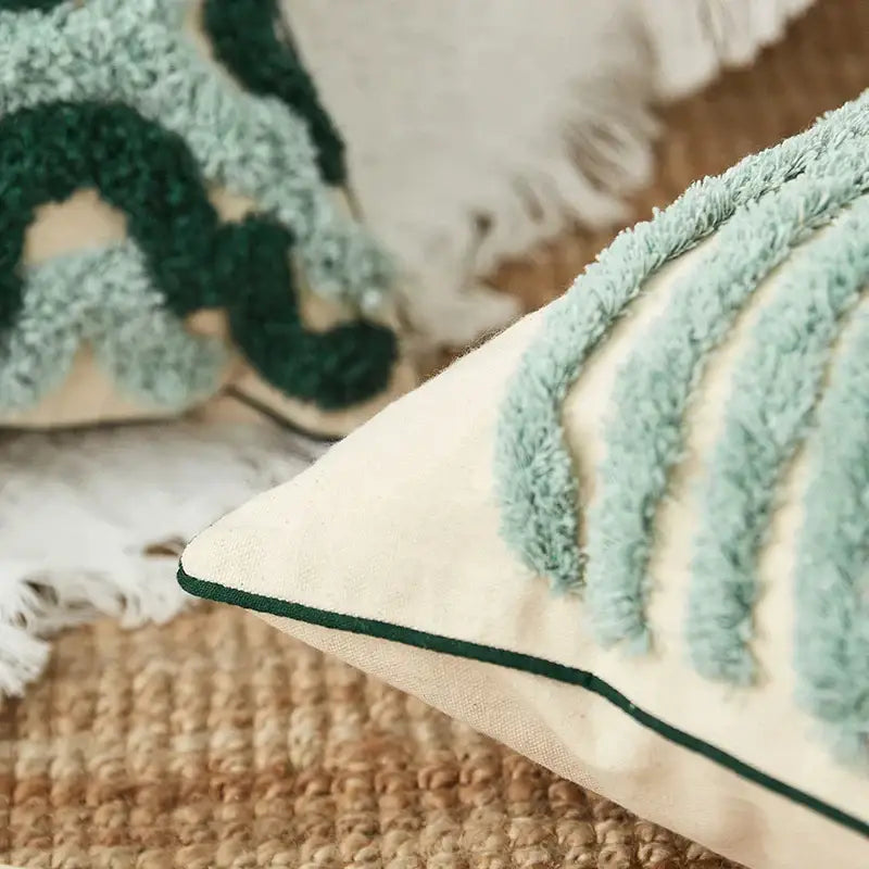 Teal & dark green geometric embroidery tassel cushion case living room