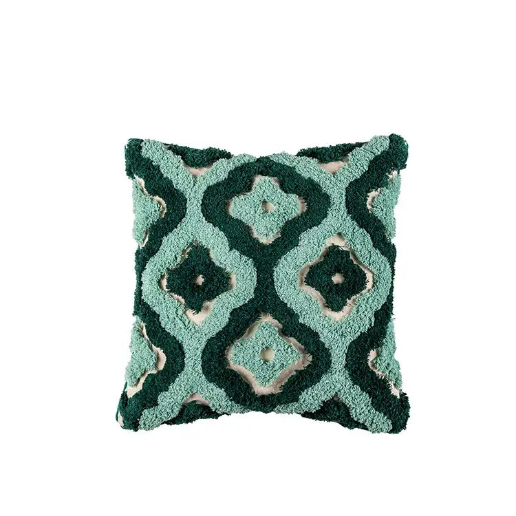 Teal & dark green geometric embroidery tassel cushion case living room