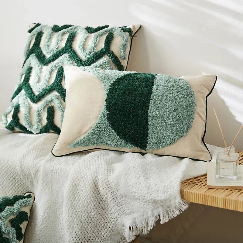 Teal & dark green geometric embroidery tassel cushion case living room
