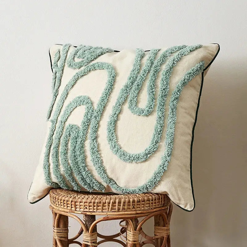 Teal & dark green geometric embroidery tassel cushion case living room