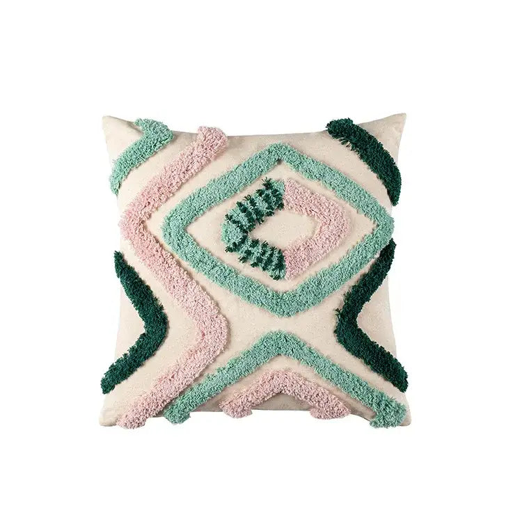 Teal & dark green geometric embroidery tassel cushion case living room