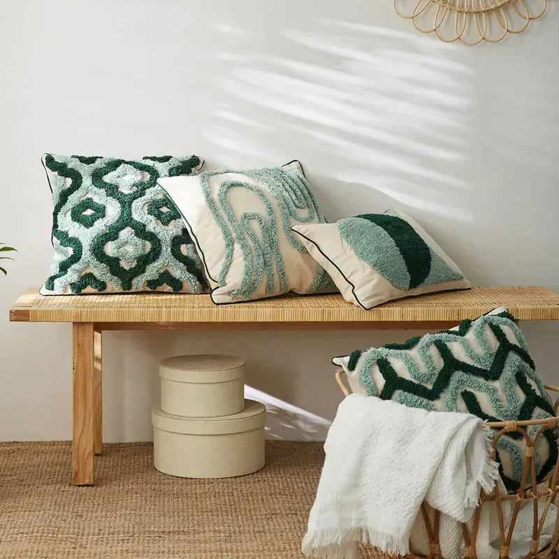 Teal & dark green geometric embroidery tassel cushion case living room