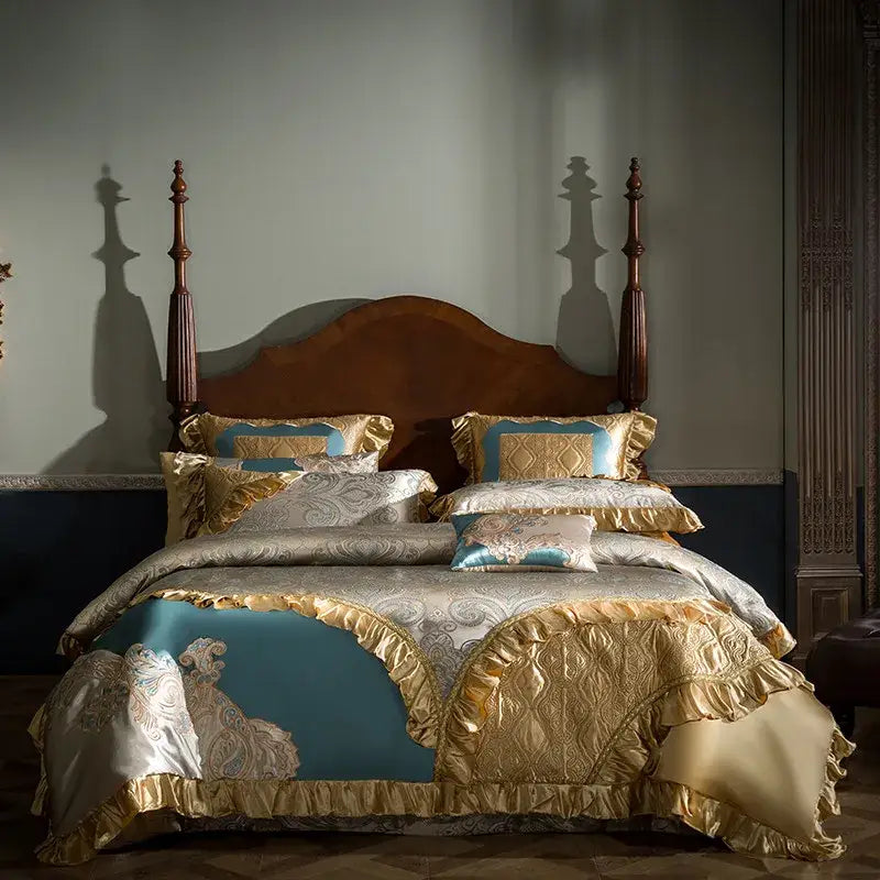 Teal & gold embroidered 200s egyptian cotton bedding set bedroom