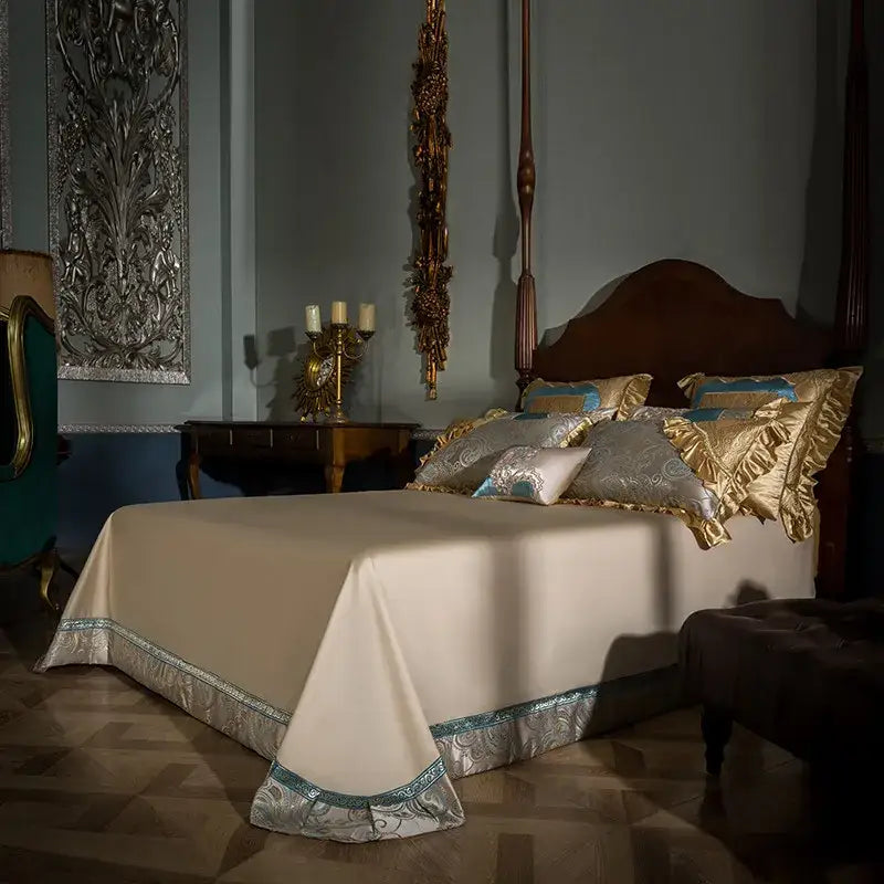 Teal & gold embroidered 200s egyptian cotton bedding set bedroom