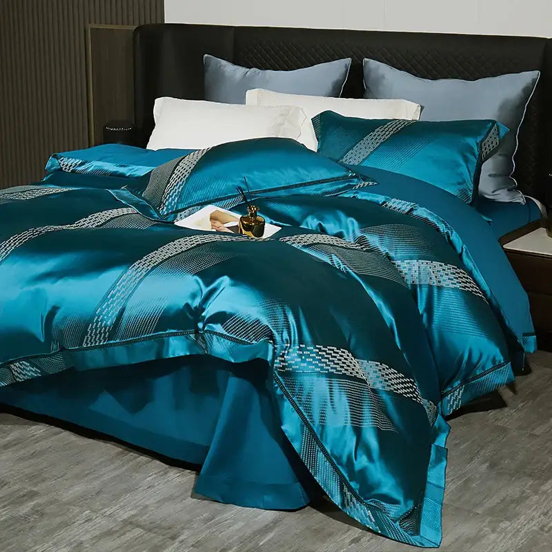 Teal & silver geometric 1000tc egyptian cotton bedding set bedroom