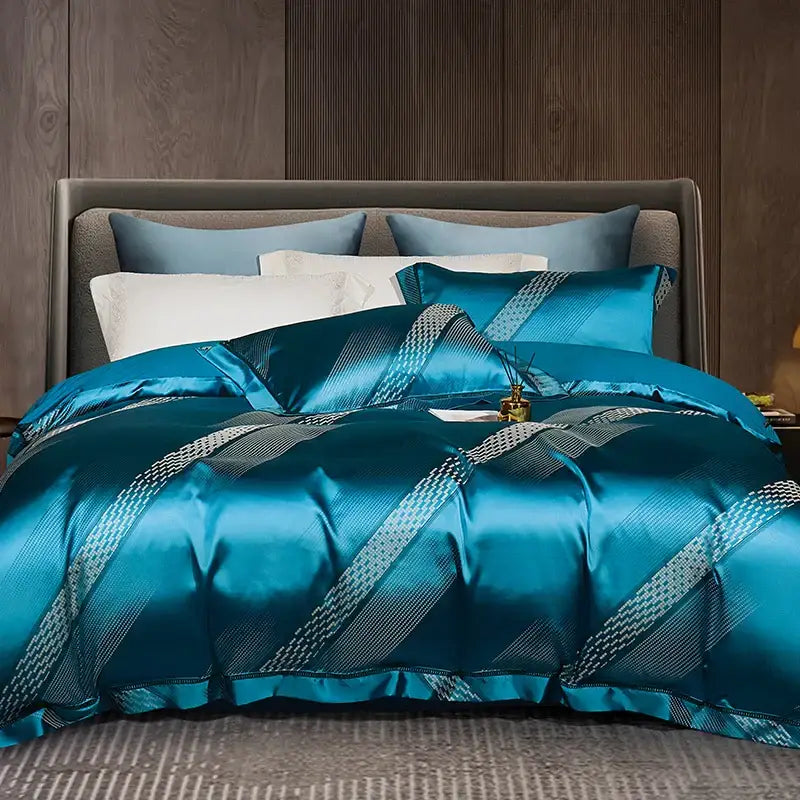 Teal & silver geometric 1000tc egyptian cotton bedding set bedroom