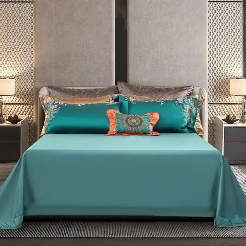 Teal silver & gold embroidered 1200tc jacquard bedding set bedroom