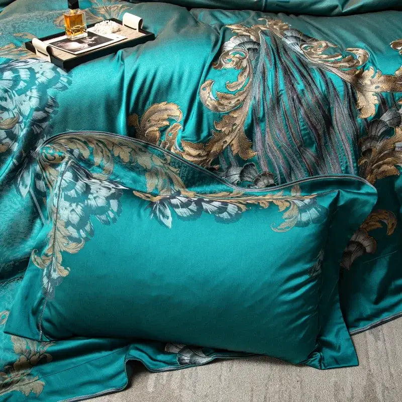 Teal silver & gold embroidered 1200tc jacquard bedding set bedroom