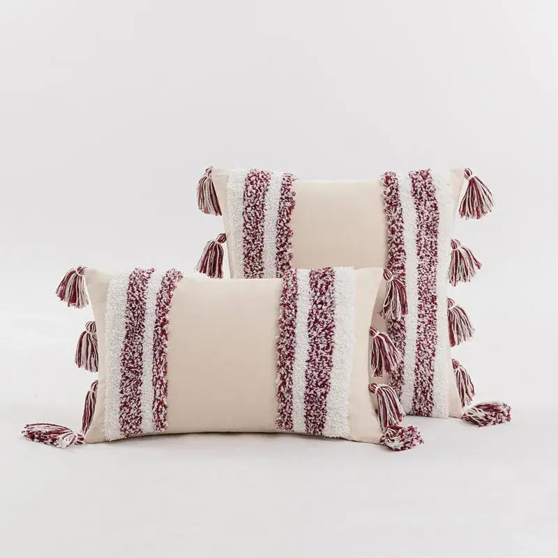 Textured blue & beige striped cushion cover living room tassel pillow