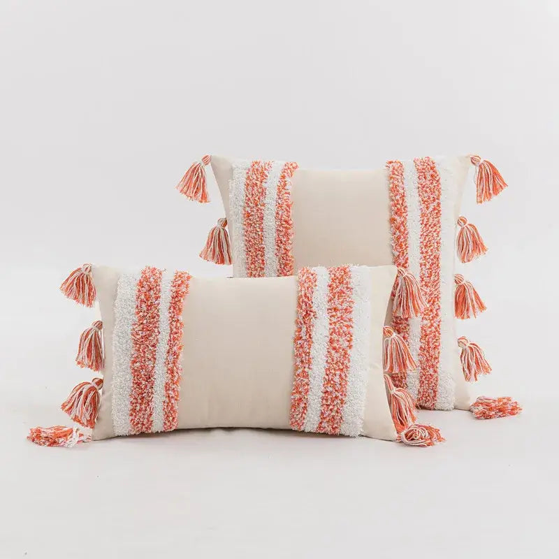 Textured blue & beige striped cushion cover living room tassel pillow