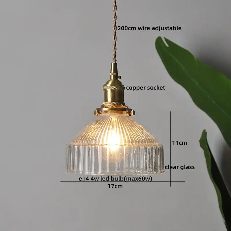 Textured clear glass led pendant light brass kitchen fixture