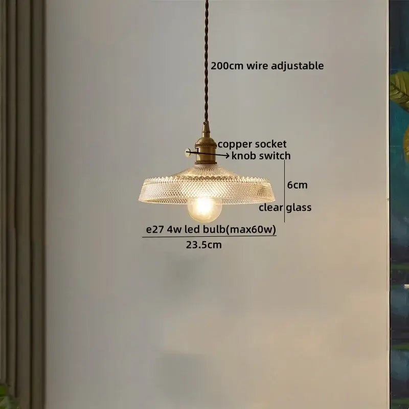 Textured clear glass led pendant light brass kitchen fixture