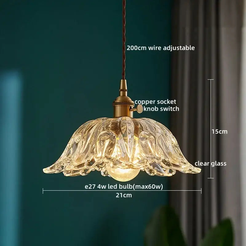 Textured clear glass led pendant light brass kitchen fixture