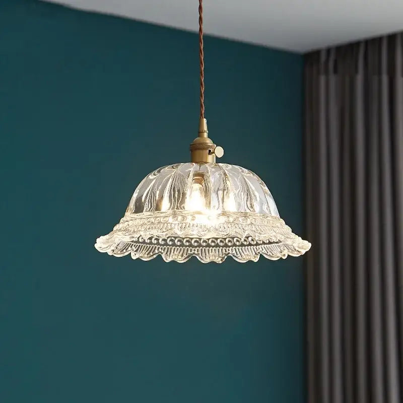 Textured clear glass led pendant light brass kitchen fixture