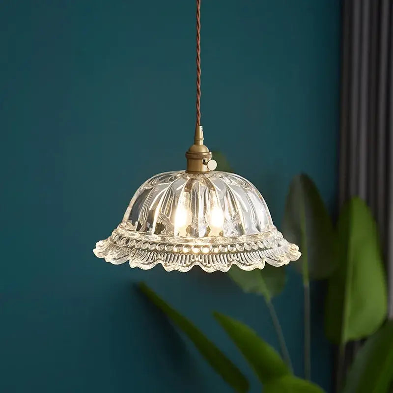 Textured clear glass led pendant light brass kitchen fixture
