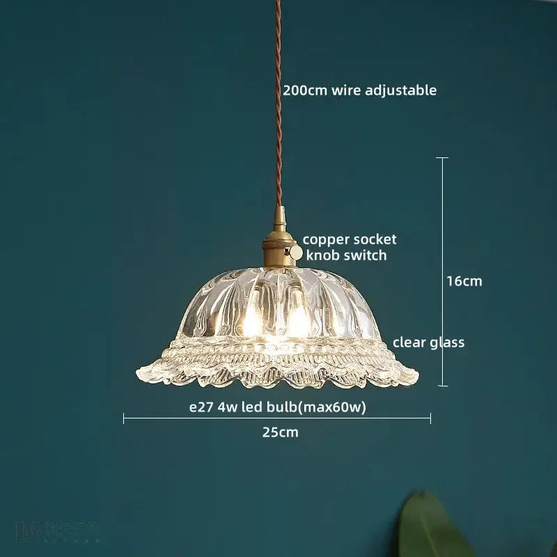 Textured clear glass led pendant light brass kitchen fixture
