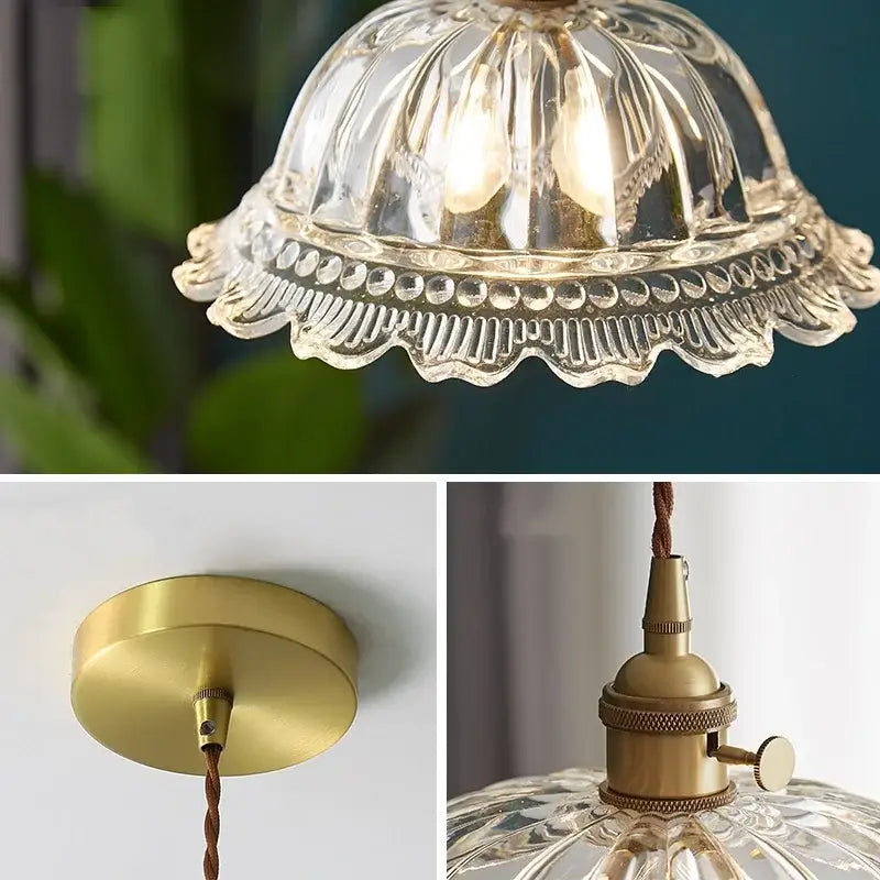 Textured clear glass led pendant light brass kitchen fixture