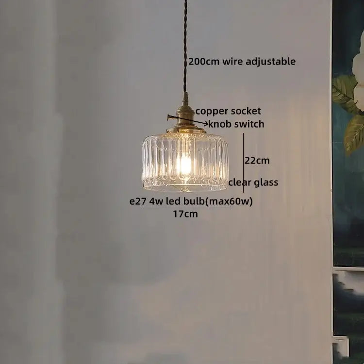 Textured clear glass led pendant light brass kitchen fixture