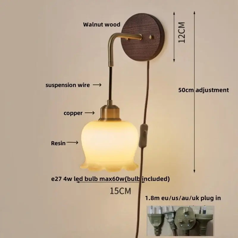 Textured glass and wood adjustable led wall light bedroom sconce