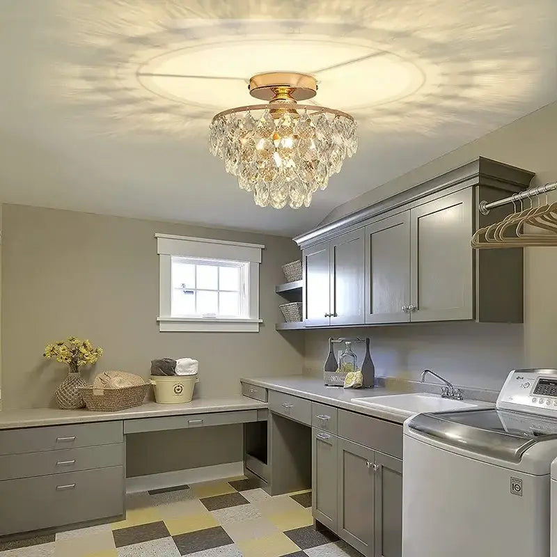 Tiered gold crystal led chandelier dining room ceiling lamp