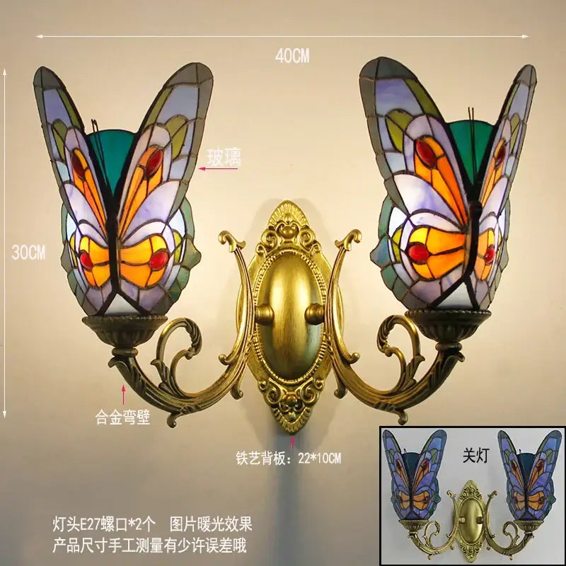 Tiffany butterfly glass sconces brass led wall lamps bedroom