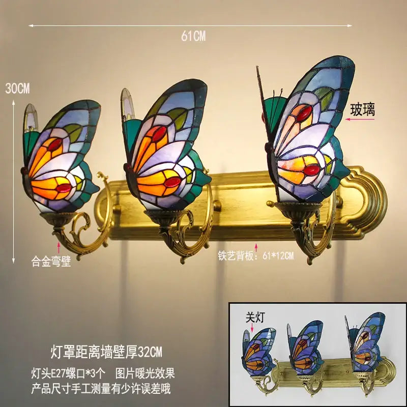 Tiffany butterfly glass sconces brass led wall lamps bedroom