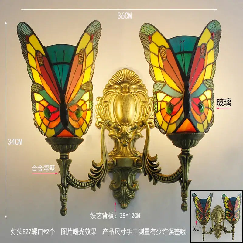 Tiffany butterfly glass sconces brass led wall lamps bedroom