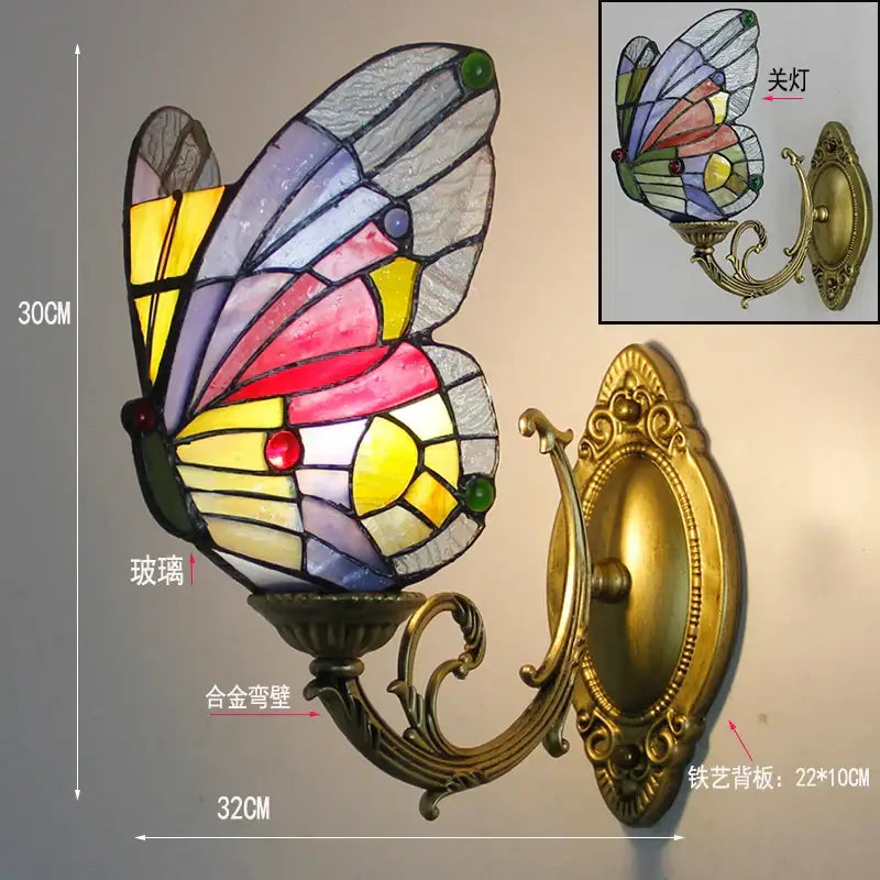 Tiffany butterfly glass sconces brass led wall lamps bedroom