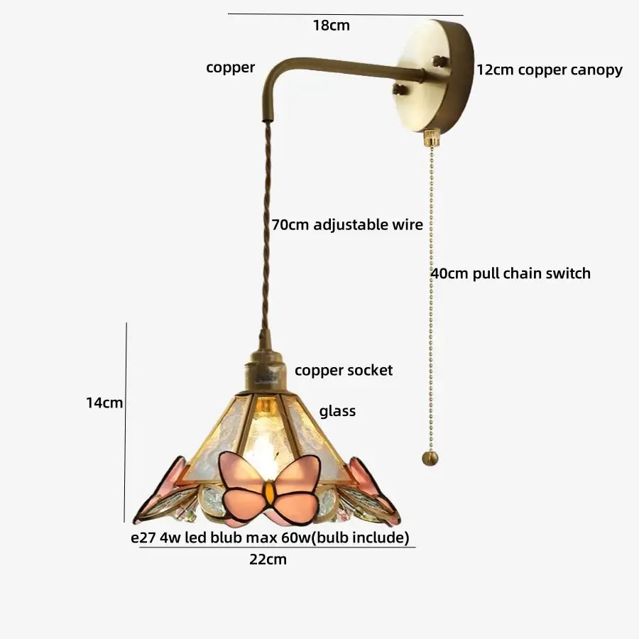Tiffany butterfly glass wall lamp bedroom brass red led light