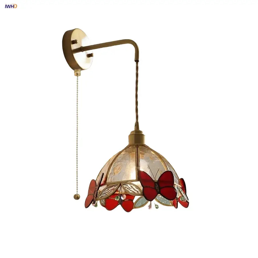 Tiffany butterfly glass wall lamp bedroom brass red led light