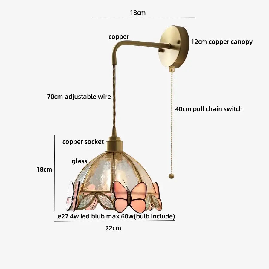 Tiffany butterfly glass wall lamp bedroom brass red led light