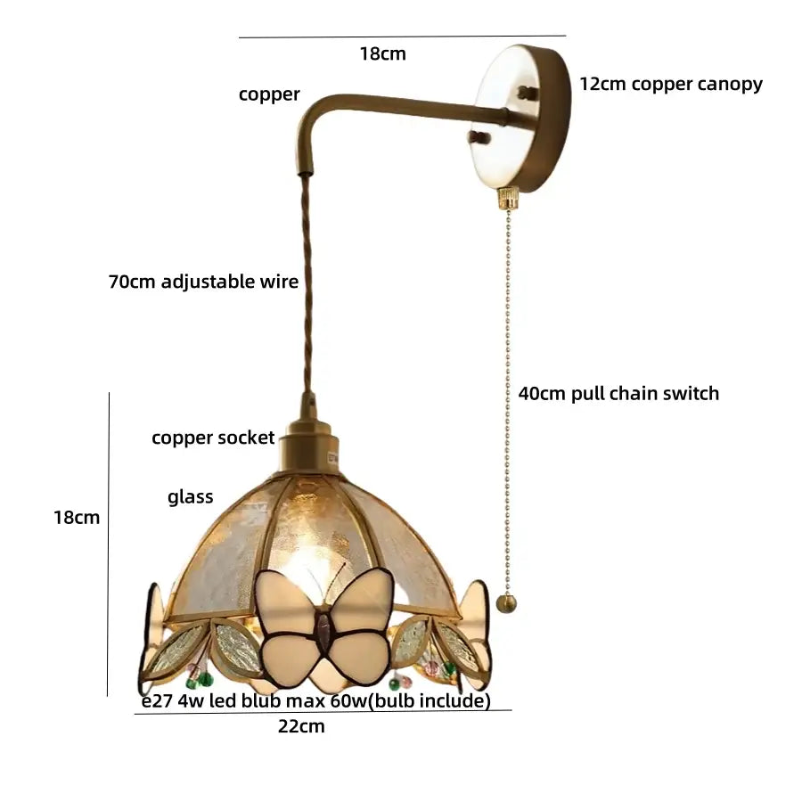 Tiffany butterfly glass wall lamp bedroom brass red led light