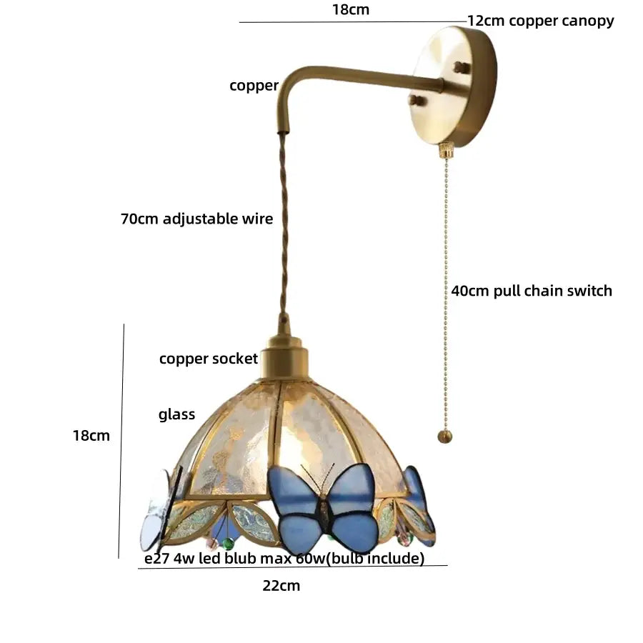 Tiffany butterfly glass wall lamp bedroom brass red led light