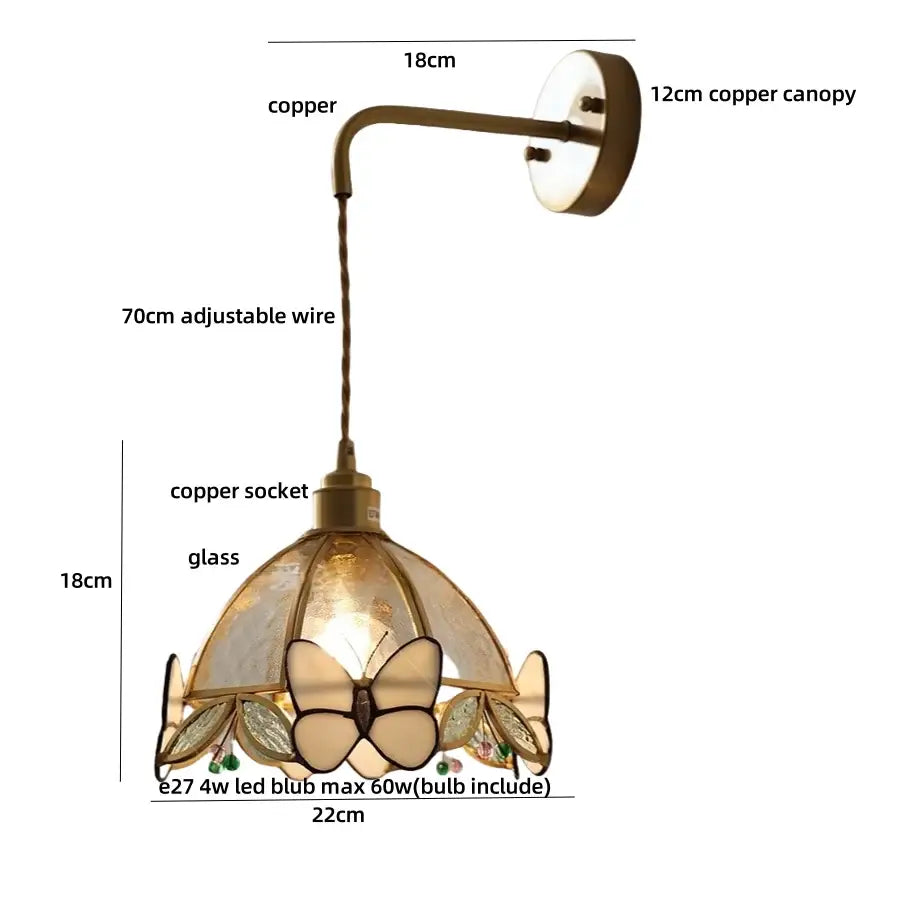 Tiffany butterfly glass wall lamp bedroom brass red led light