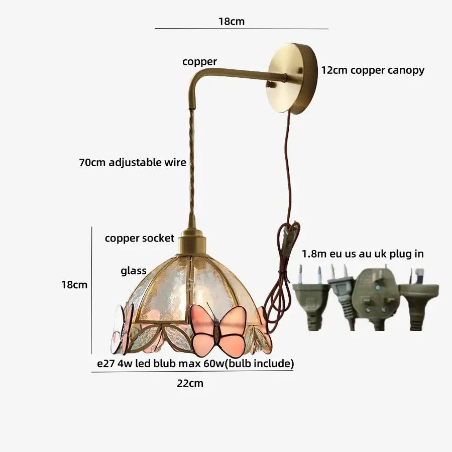 Tiffany butterfly glass wall lamp bedroom brass red led light